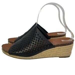 Lucky Brand Jemya Black Leather Wedge Espadrille Sandals Classic Casual Size 6.5